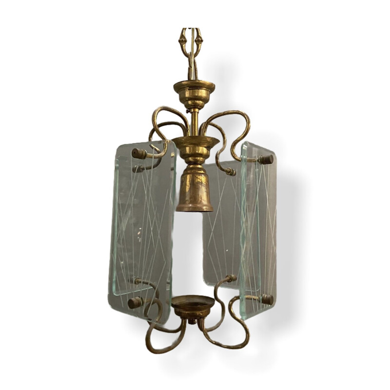 Vintage brons en glazen hanglamp 1950