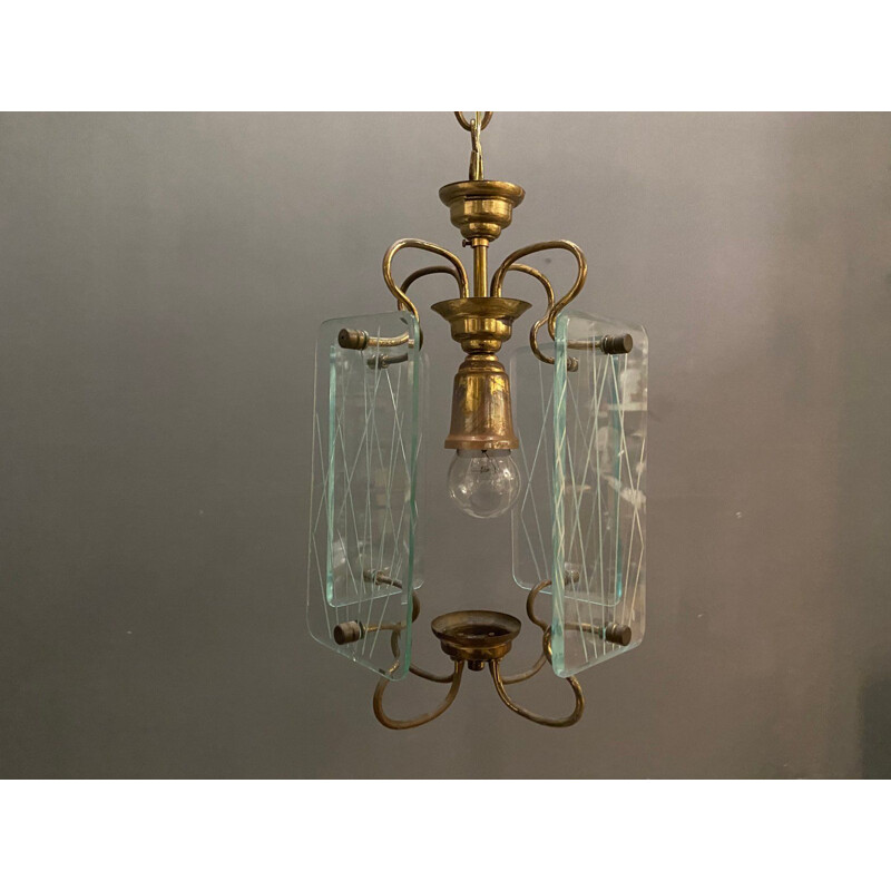 Lámpara colgante vintage de bronce y cristal 1950