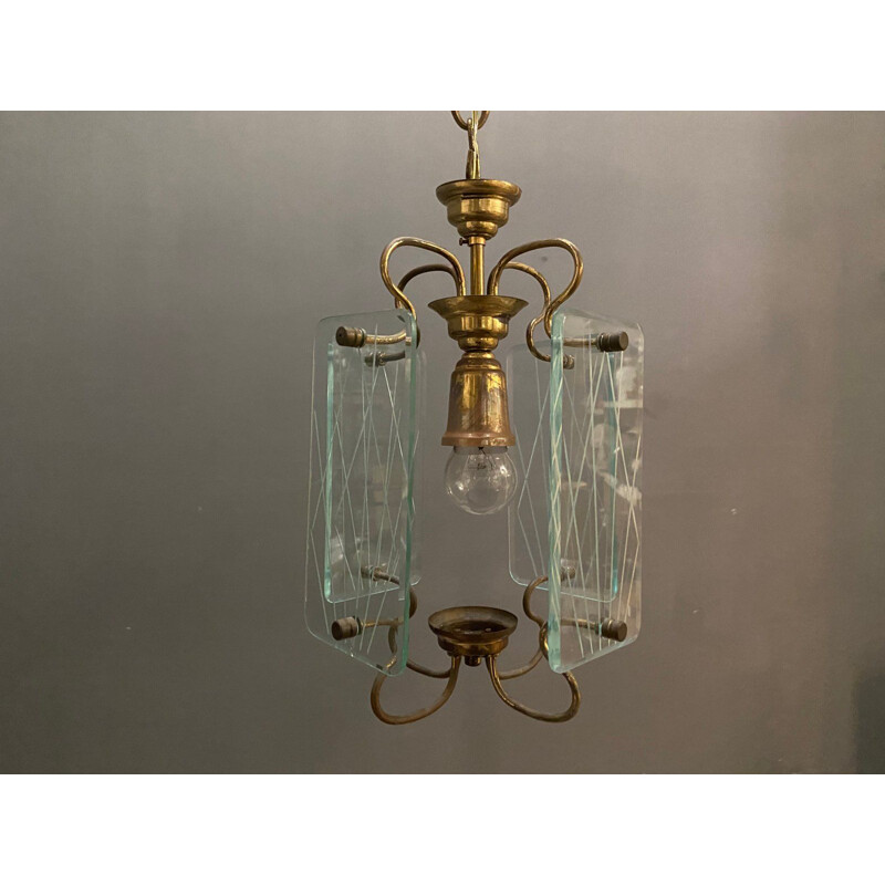 Vintage Bronze & Glass Pendant Lamp 1950s