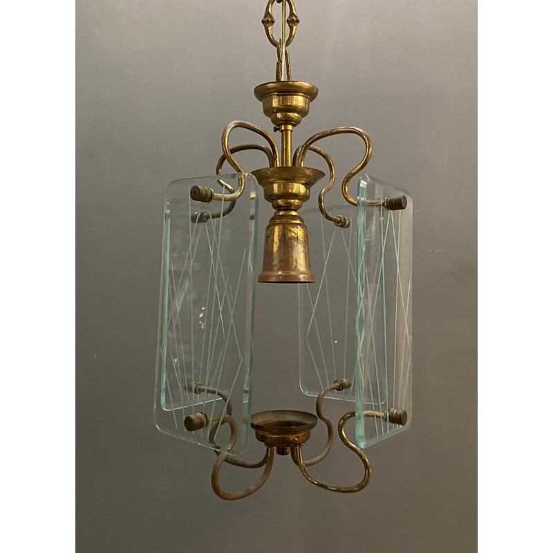 Vintage Bronze & Glass Pendant Lamp 1950s