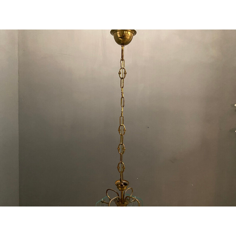 Lampada a sospensione vintage in bronzo e vetro 1950