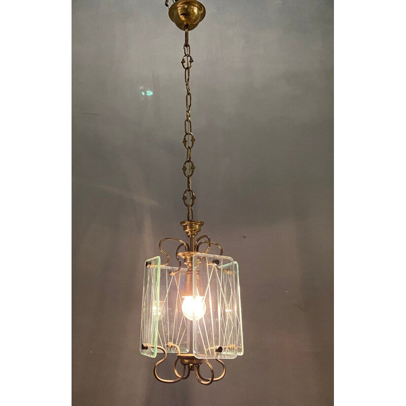 Vintage brons en glazen hanglamp 1950