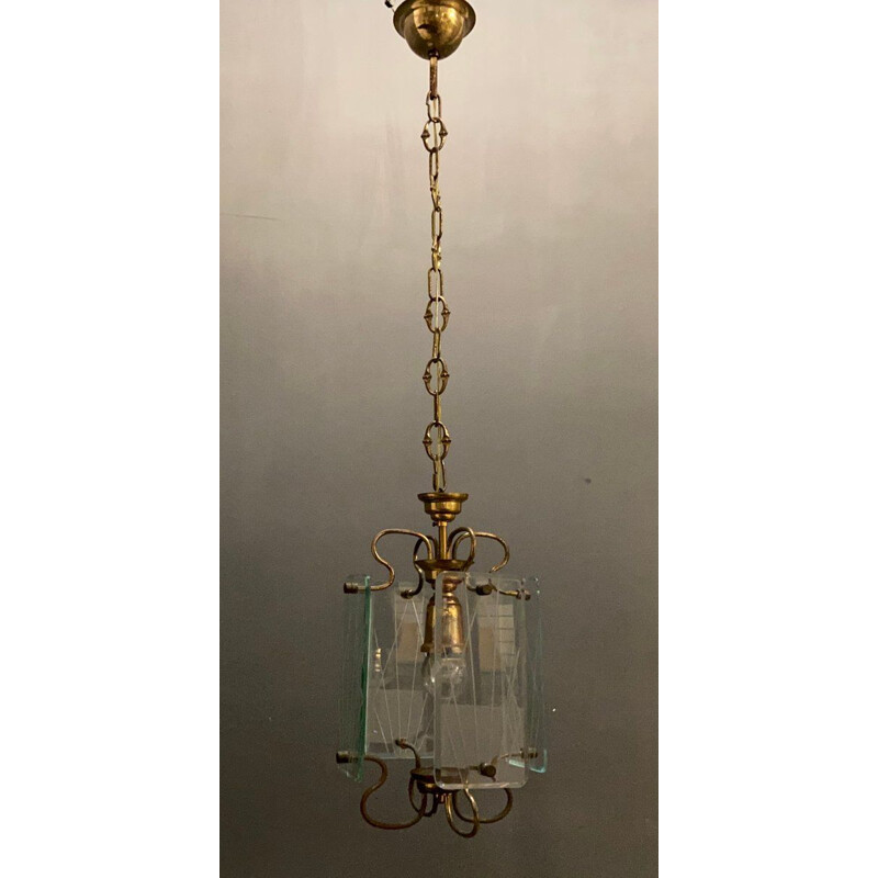Candeeiro suspenso de vidro e bronze Vintage 1950