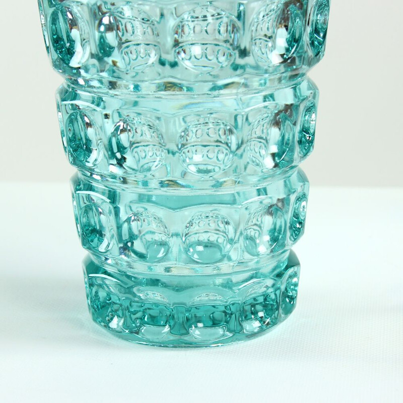 Large vintage Vase In Turquoise Pressed Glass By Frantisek Pečený, Czechoslovakia 1963s