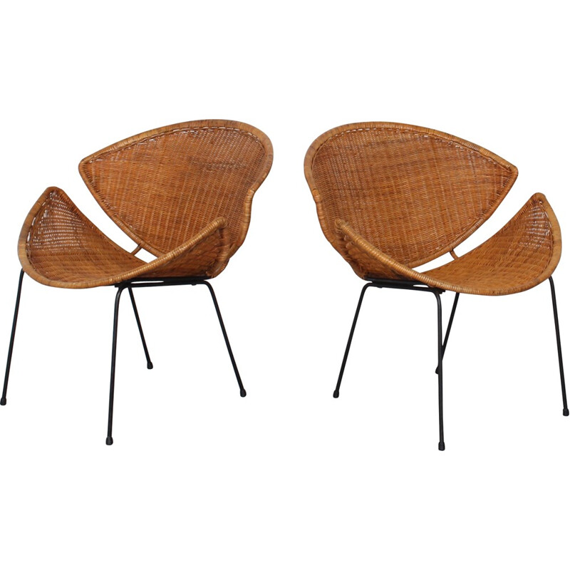 Pair of American wicker armchairs in iron, John B. SALTERINI - 1950s