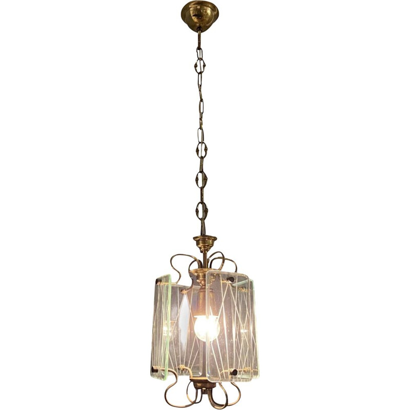 Vintage Bronze & Glass Pendant Lamp 1950s