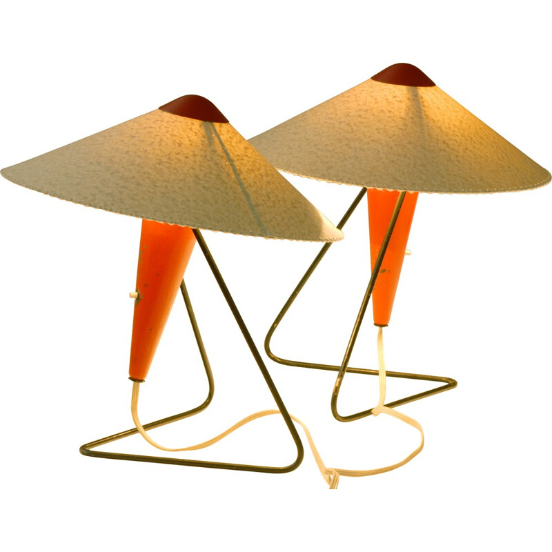 Pair of Okolo table lamps in parchment and red metal, Helena FRANTOVÁ - 1950s