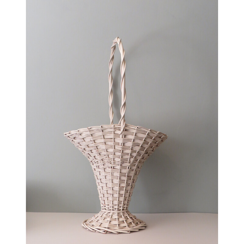 Vintage white wicker flower basket, 1960