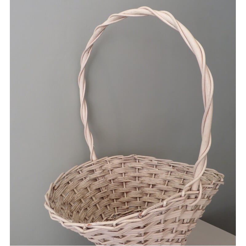 Panier vintage à fleurs en osier blanc, 1960