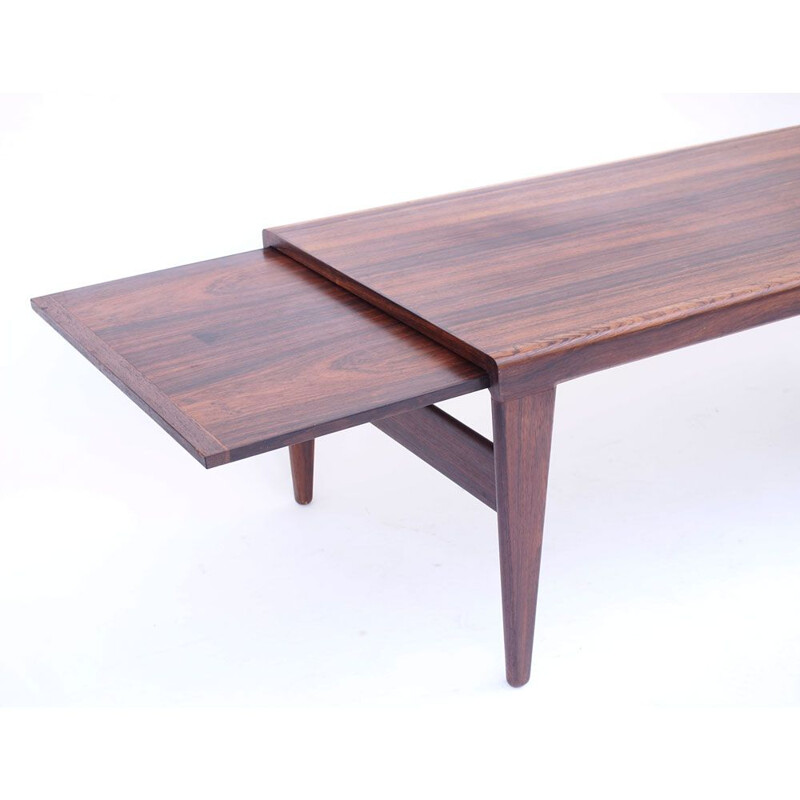 Large coffee table Scandinavian Rio rosewood, 2 extensions Illum Wikkelso Danish 1950