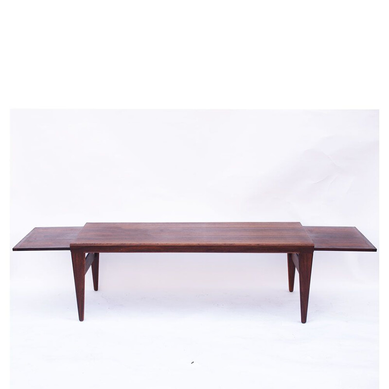 Large coffee table Scandinavian Rio rosewood, 2 extensions Illum Wikkelso Danish 1950