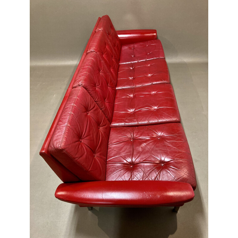 Vintage red leather sofa 4 seats 1950