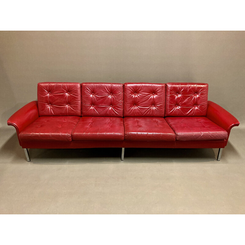 Vintage red leather sofa 4 seats 1950