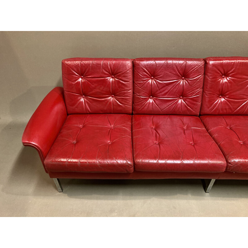 Vintage red leather sofa 4 seats 1950