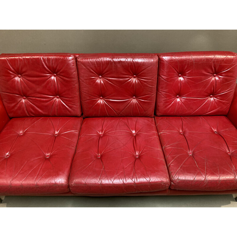 Vintage red leather sofa 4 seats 1950