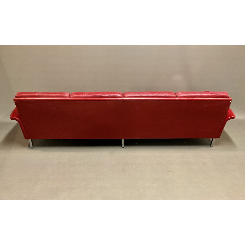 Vintage red leather sofa 4 seats 1950