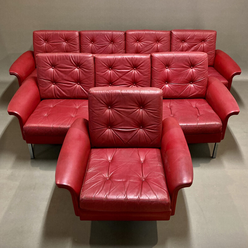 Vintage red leather sofa 4 seats 1950