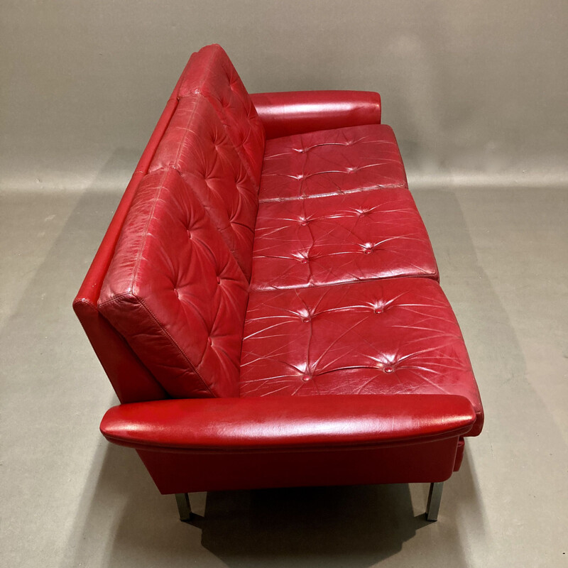 Vintage red leather sofa 3 seats 1950