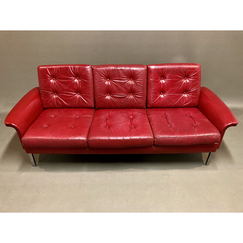 Canapé vintage cuir rouge 3 places 1950