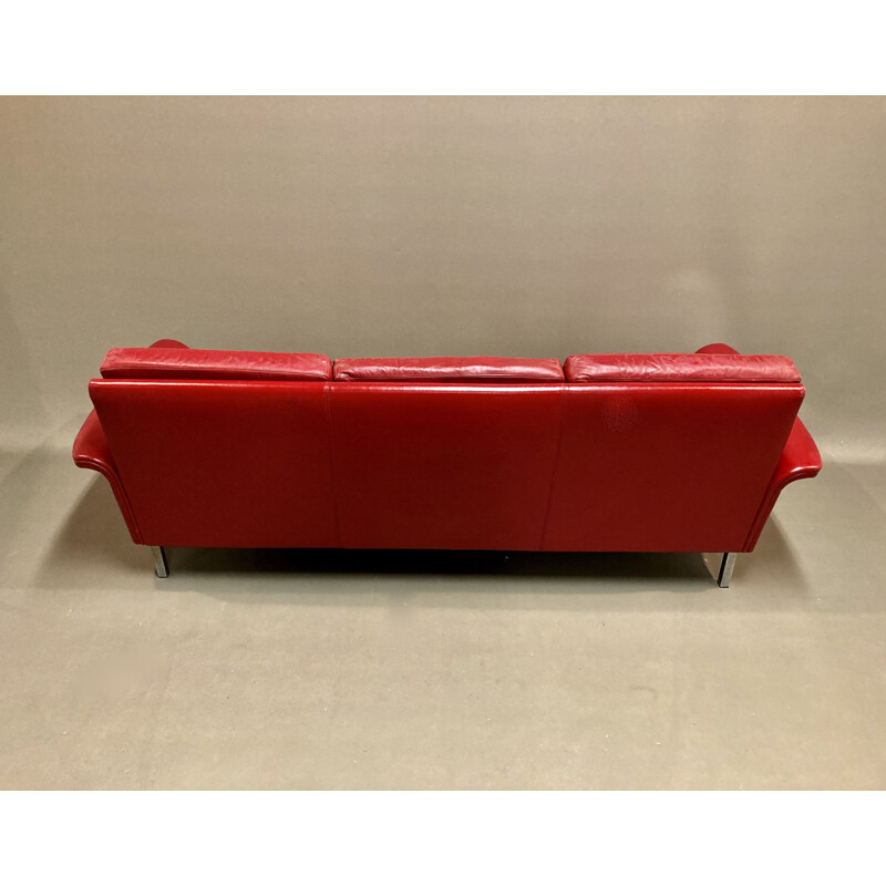 Vintage red leather sofa 3 seats 1950