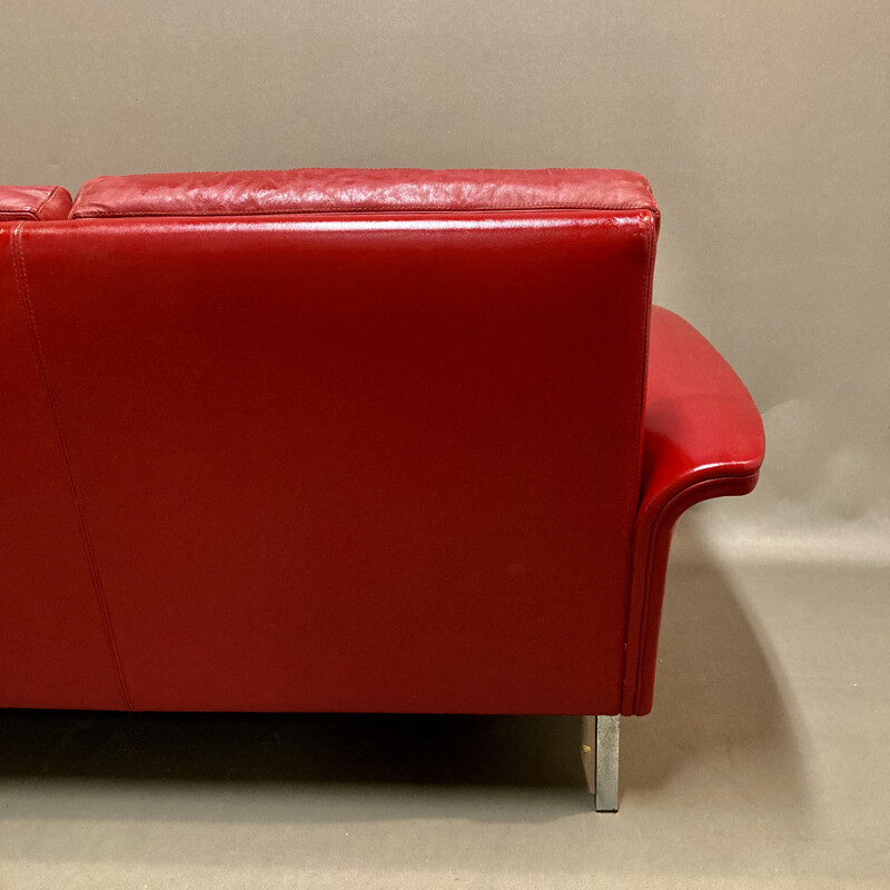 Vintage red leather sofa 3 seats 1950