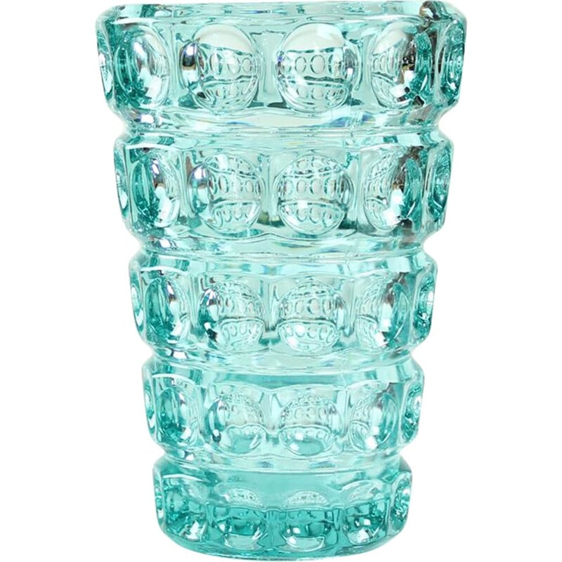 Large vintage Vase In Turquoise Pressed Glass By Frantisek Pečený, Czechoslovakia 1963s