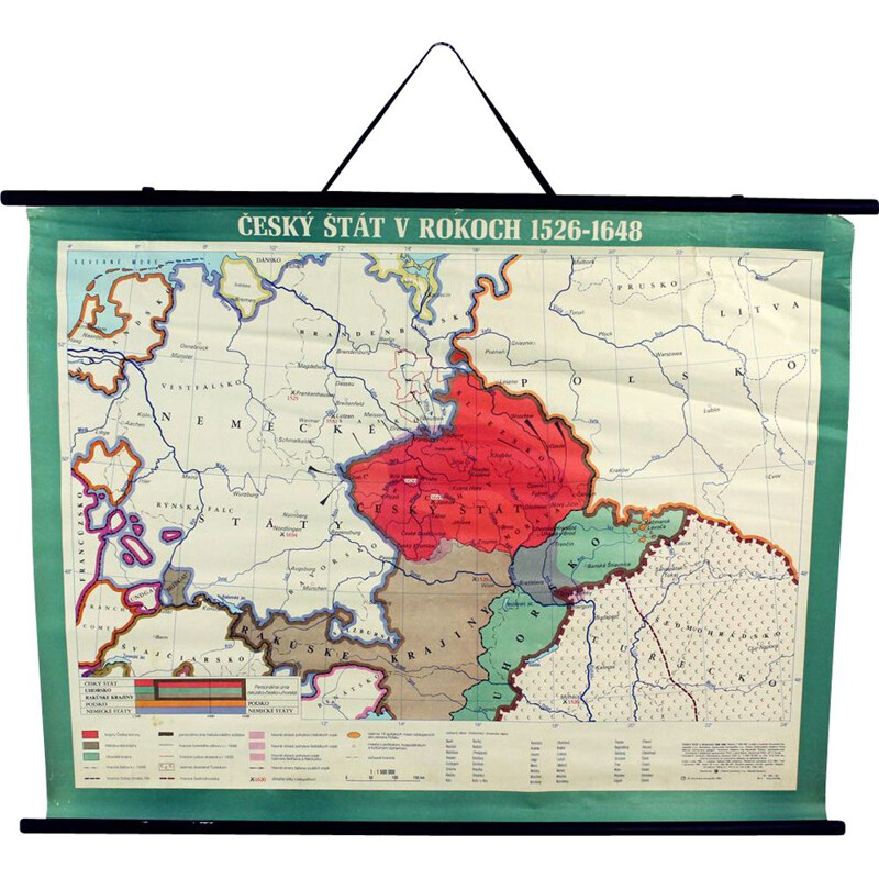 Carte scolaire vintage "l'État tchèque 1526-1648" en plastique, Tchécoslovaquie 1960