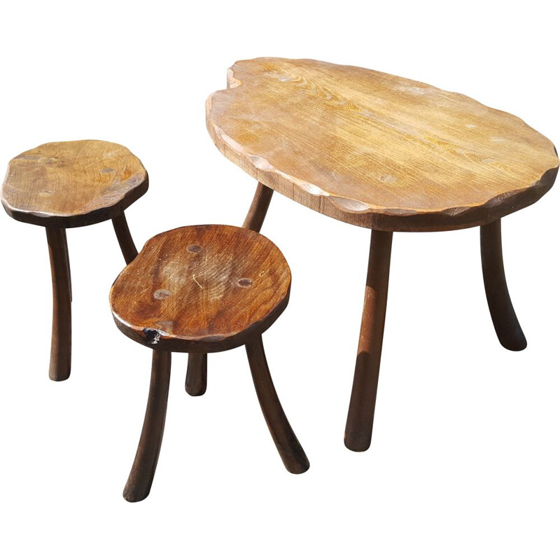 Tabourets et table basse vintage en bois massif