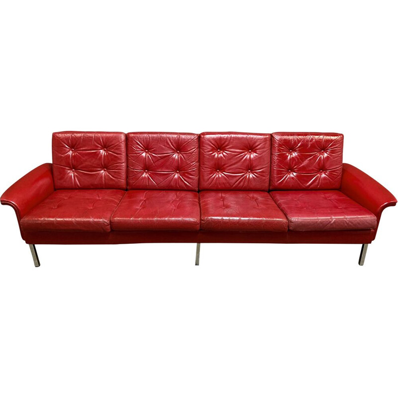 Vintage red leather sofa 4 seats 1950