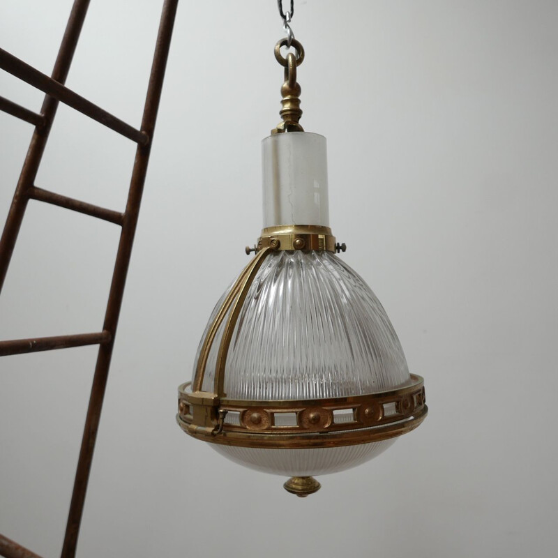 Vintage brass and glass suspension by Holophane, France 1920