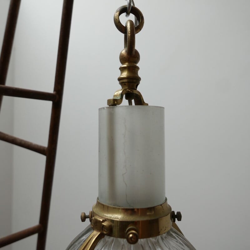 Vintage brass and glass suspension by Holophane, France 1920