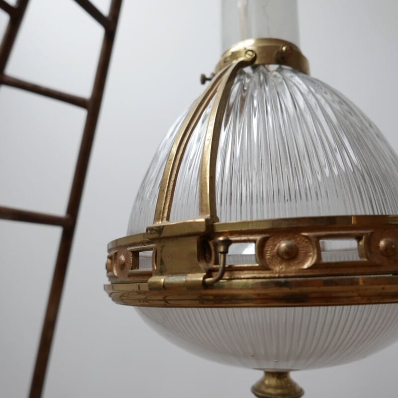 Vintage brass and glass suspension by Holophane, France 1920