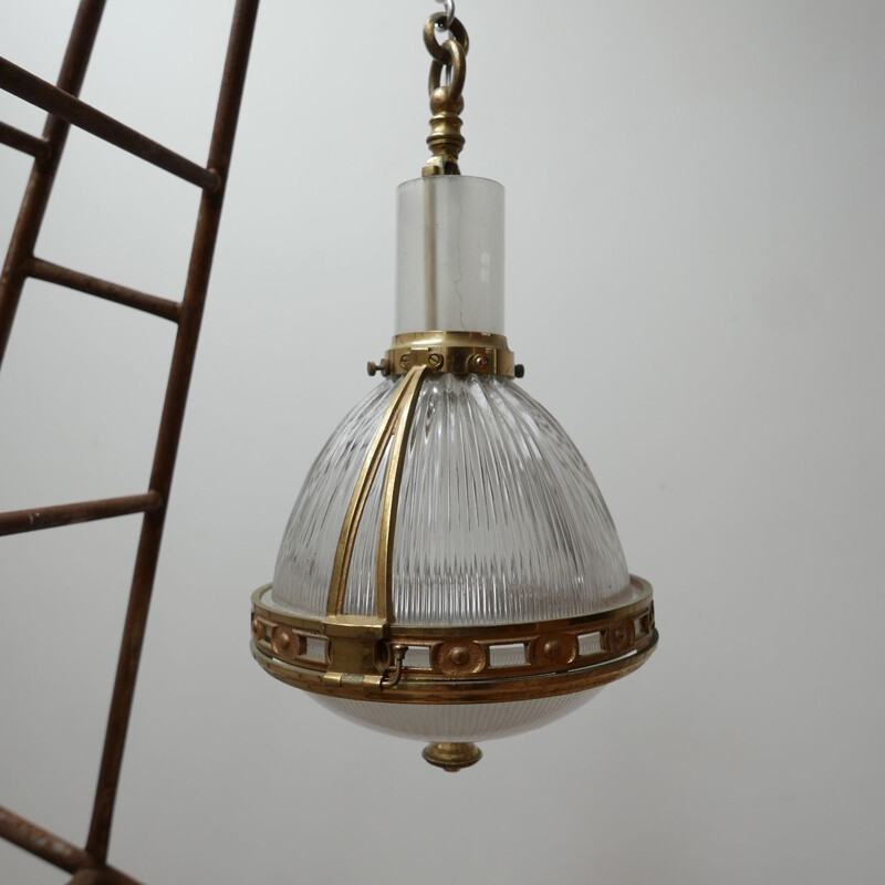 Vintage brass and glass suspension by Holophane, France 1920