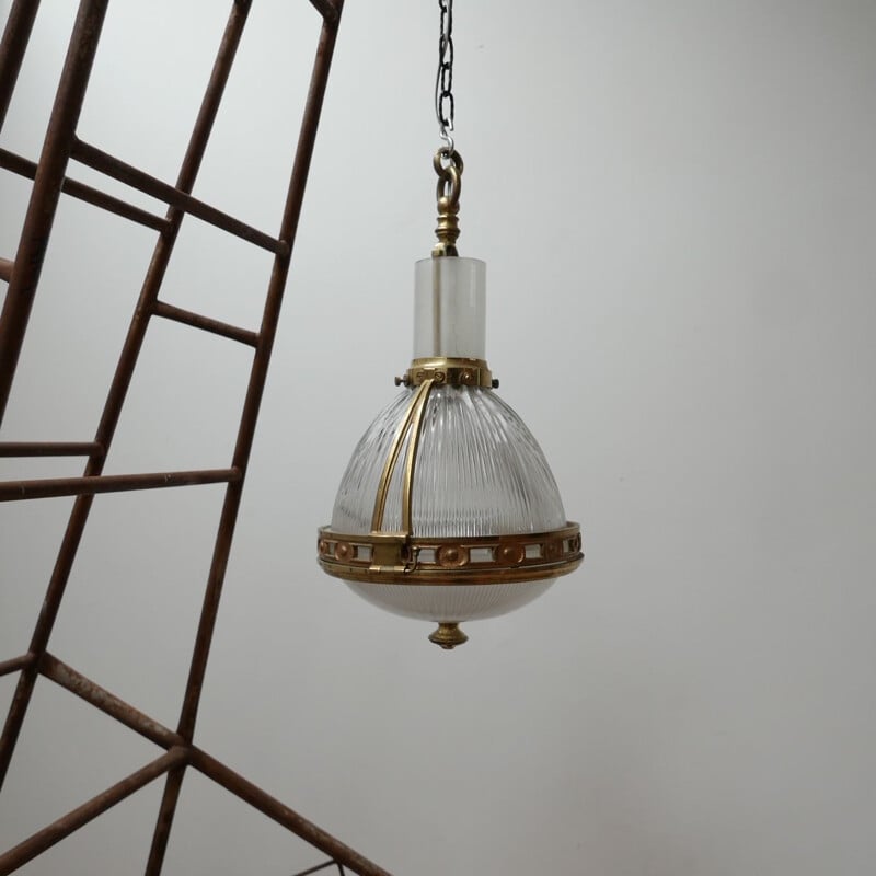 Vintage brass and glass suspension by Holophane, France 1920