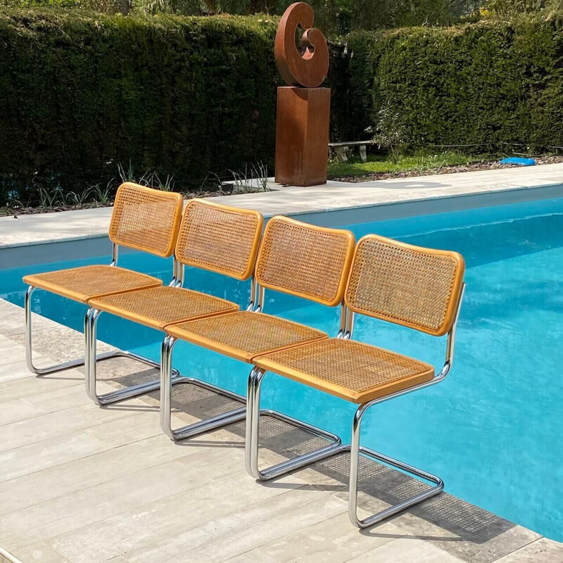 Set of 4 vintage Cesca B32 beige chairs, Marcel Breuer Italy