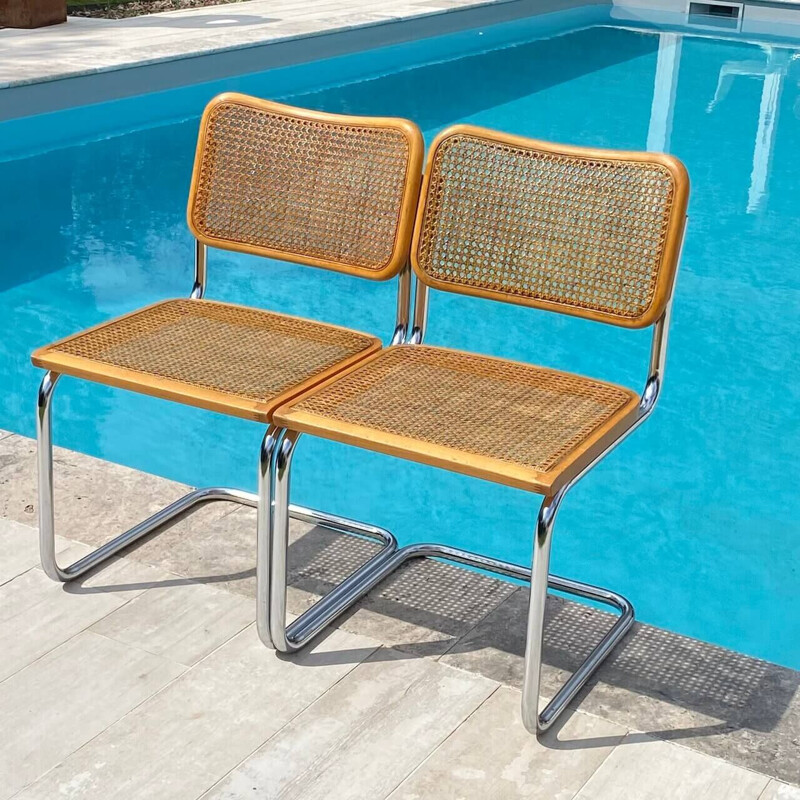 Lot de 4 chaises vintage Cesca B32 beiges, Marcel Breuer Italy