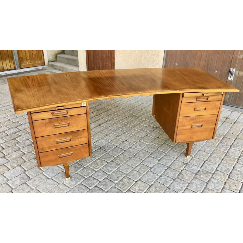 Bureau vintage a plateau incurvé bois massif et bois de placage 1970