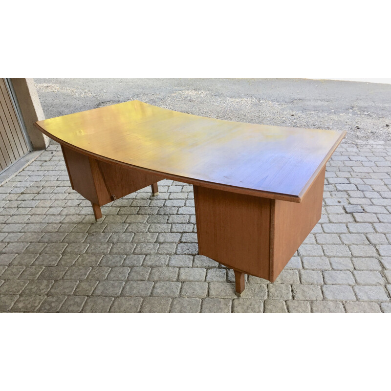 Vintage desk with curved top in solid wood and veneer 1970