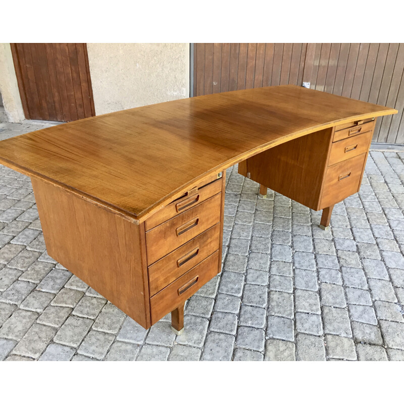 Vintage desk with curved top in solid wood and veneer 1970