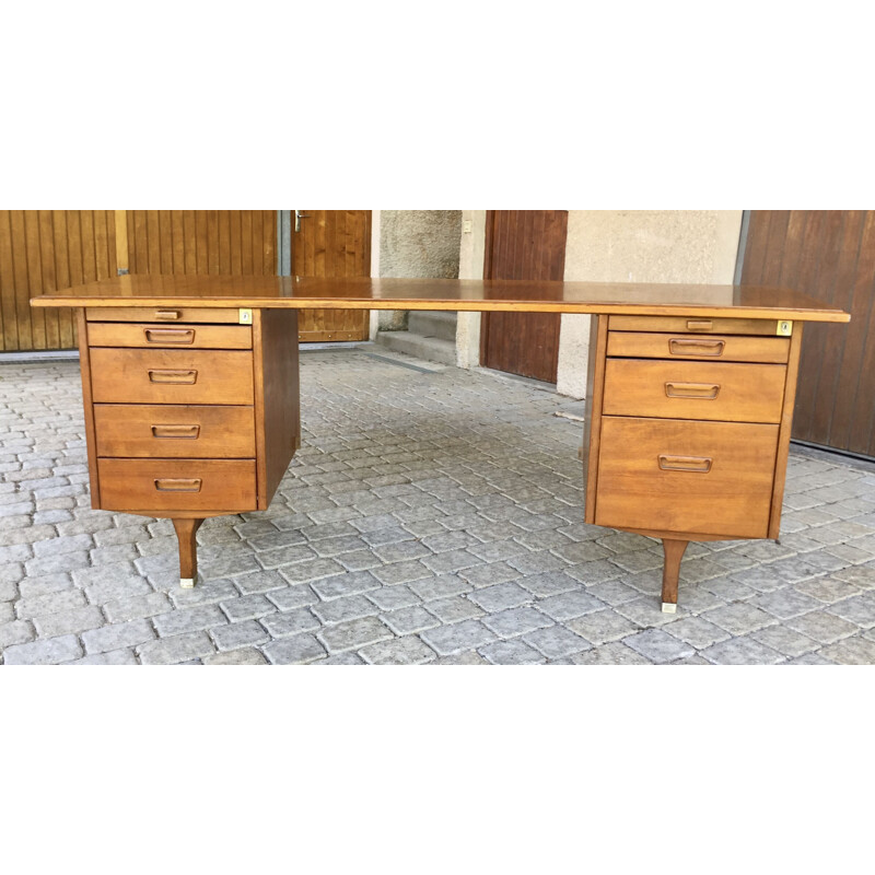 Vintage desk with curved top in solid wood and veneer 1970