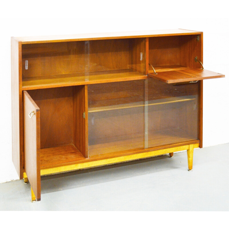 Grand buffet vintage en teck et verre - 1960