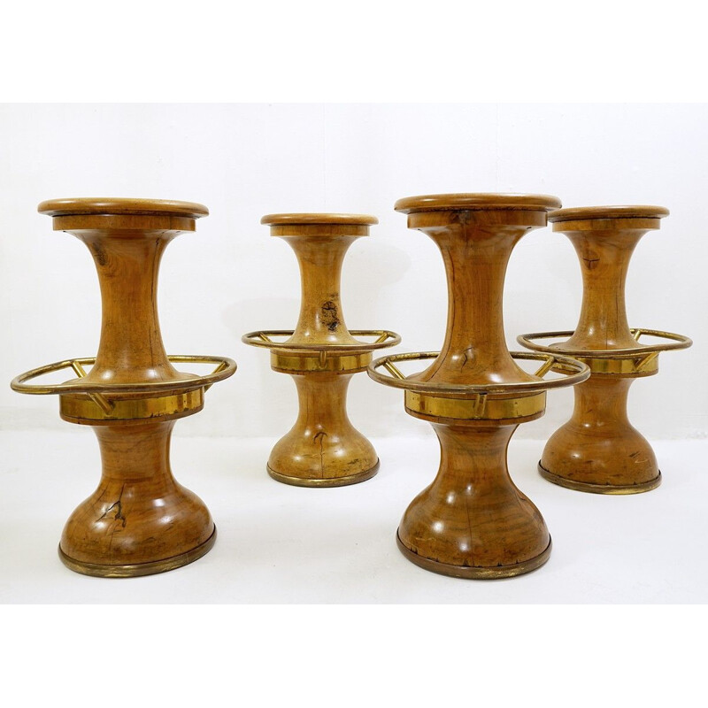 Set of 4 vintage blond walnut bar stools Italian