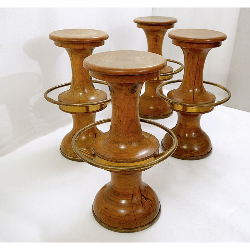 Set of 4 vintage blond walnut bar stools Italian