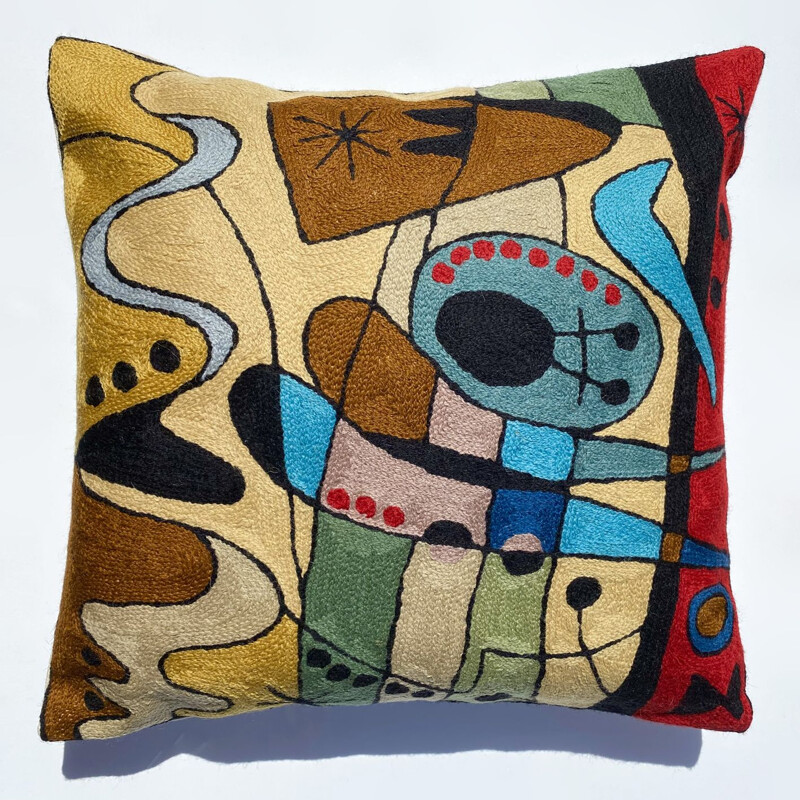 Conjunto de 4 almofadas de lã multicoloridas vintage bordadas com motivos abstractos