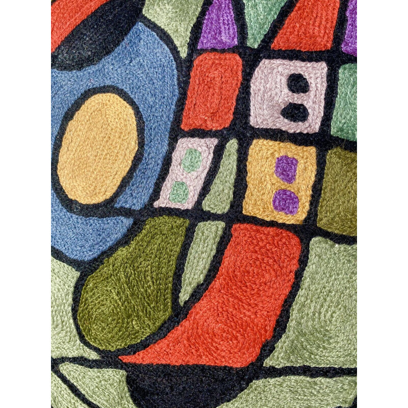 Set van 4 vintage veelkleurige wollen kussens geborduurd met abstracte motieven