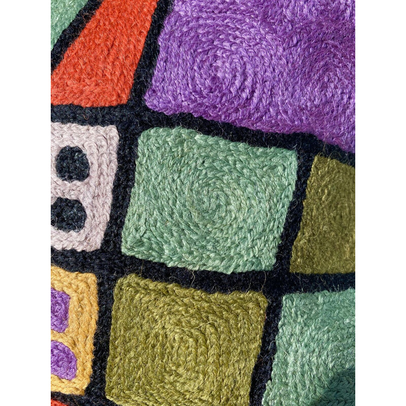 Lote de 4 cojines vintage de lana multicolor bordados con motivos abstractos