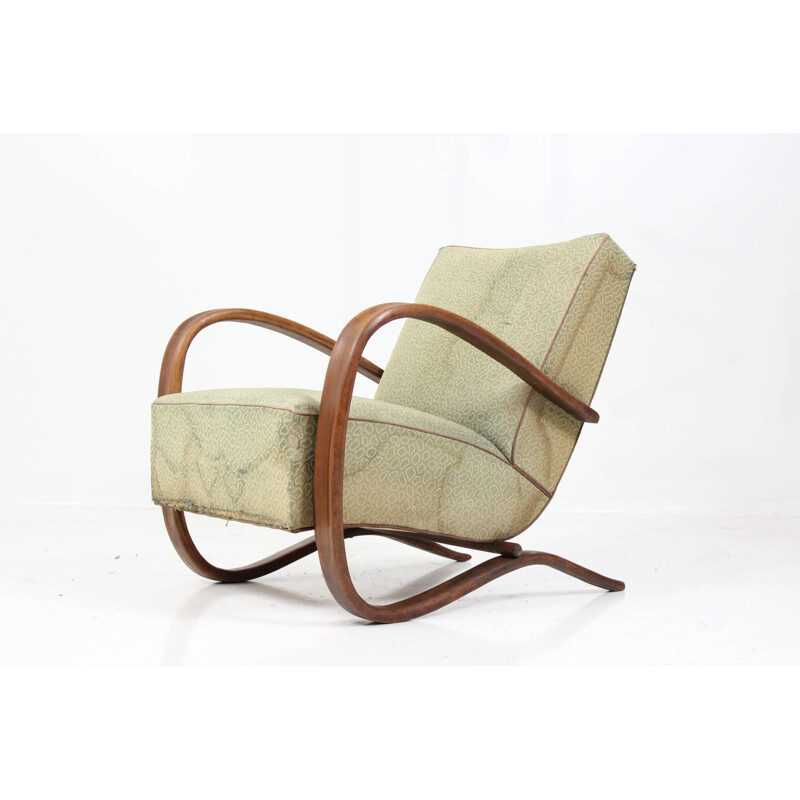UP Zavody armchair in oakwood and light green fabric, Jindrich HALABALA - 1930s