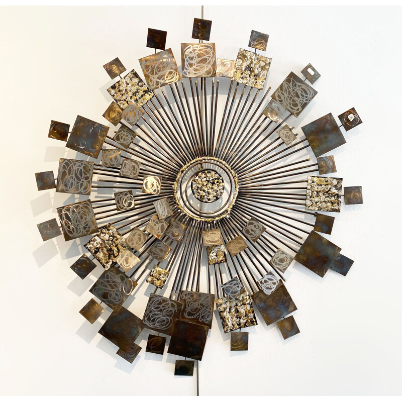 Vintage brutalist wall sculpture Sunburst by Curtis Jer, USA 2000s