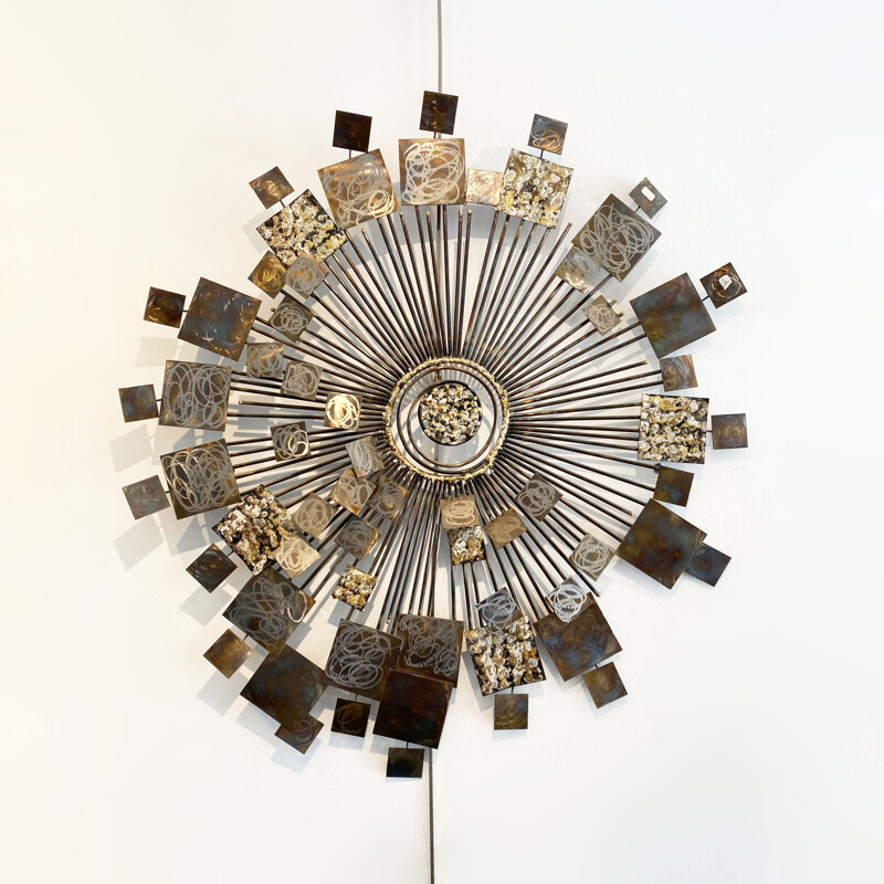 Vintage brutalist wall sculpture Sunburst by Curtis Jer, USA 2000s