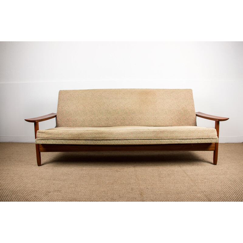 Large vintage 4 seater  Daybed sofa in solid teak and fabric by Gérard Guermonprez, Scandinavian 1960s